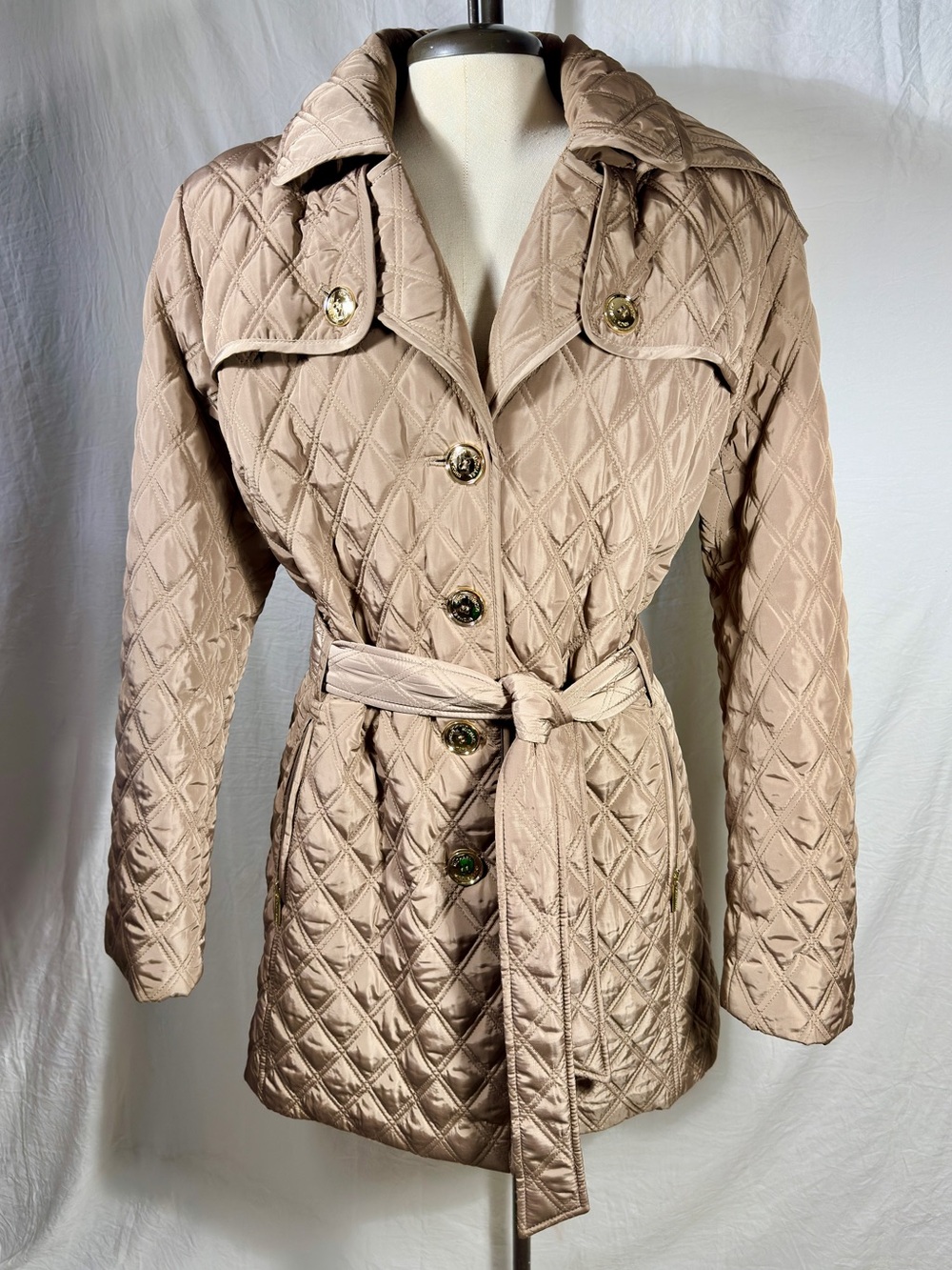 Michael Kors XL Taupe Quilted Belted Trench Coat Removable Hood Classic Preppy